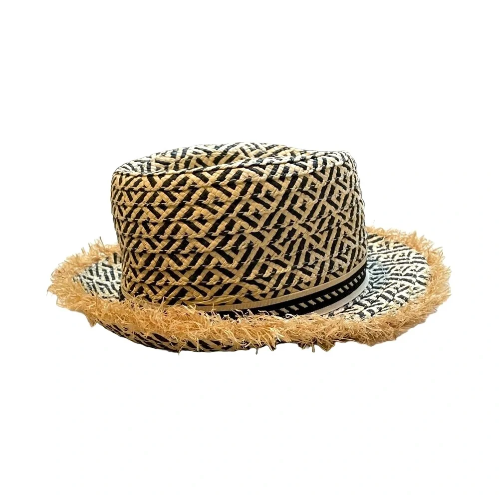 Kids Target Straw Fedora Sun Hat Black Tan Frayed Brim Hat Day NWOT